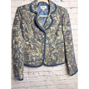 VINTAGE Talbots Blue Jacquard Tapestry Boho Cottagecore Velvet Trimmed Blazer 4